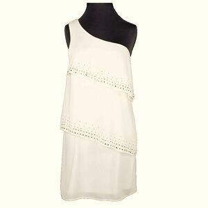 EXPRESS Cream One-Shoulder Ruffle Tiered Stud Detail Size 4 Dress
